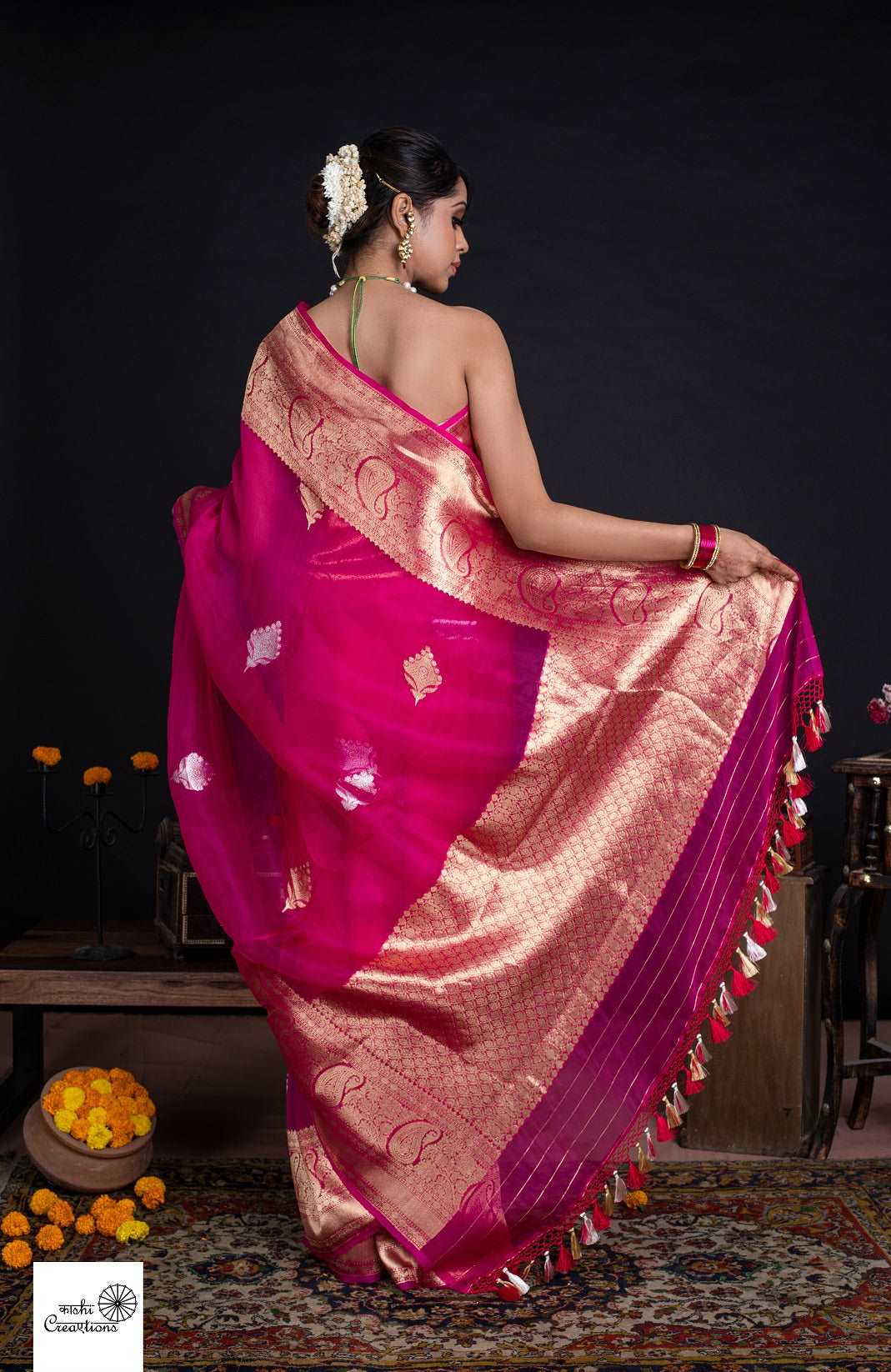 Magenta Pink Pure Kora Silk Handloom khadwa Booti Border Bnarasi Saree