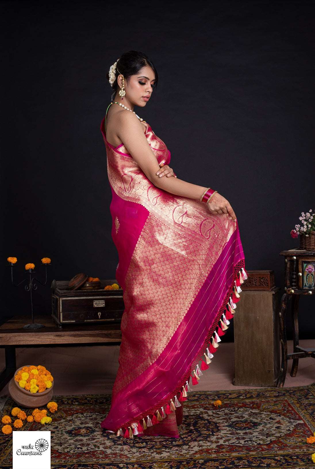 Magenta Pink Pure Kora Silk Handloom khadwa Booti Border Bnarasi Saree