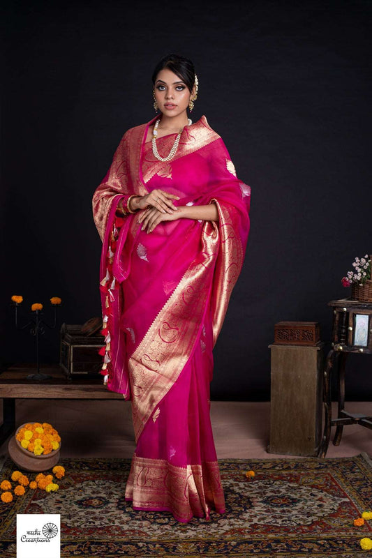 Magenta Pink Pure Kora Silk Handloom khadwa Booti Border Bnarasi Saree