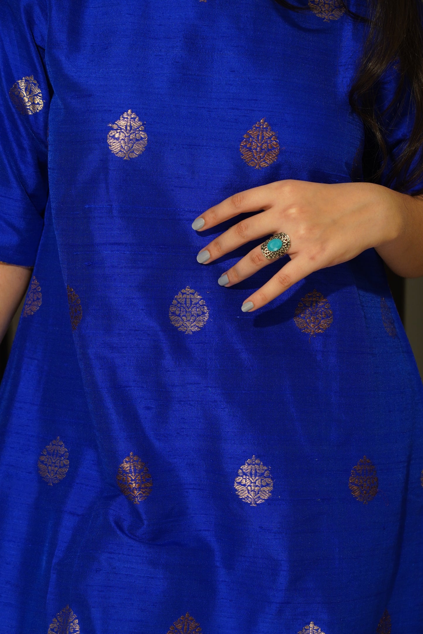 Royal Blue Pure Raw Silk handwoven stitched kurta