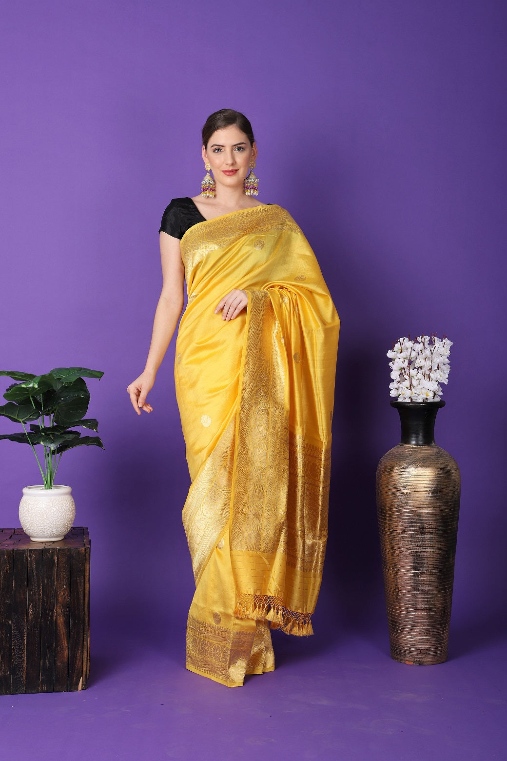 Yellow Chandbali Pure Katan Silk Handloom Khadwa Banarasi Saree