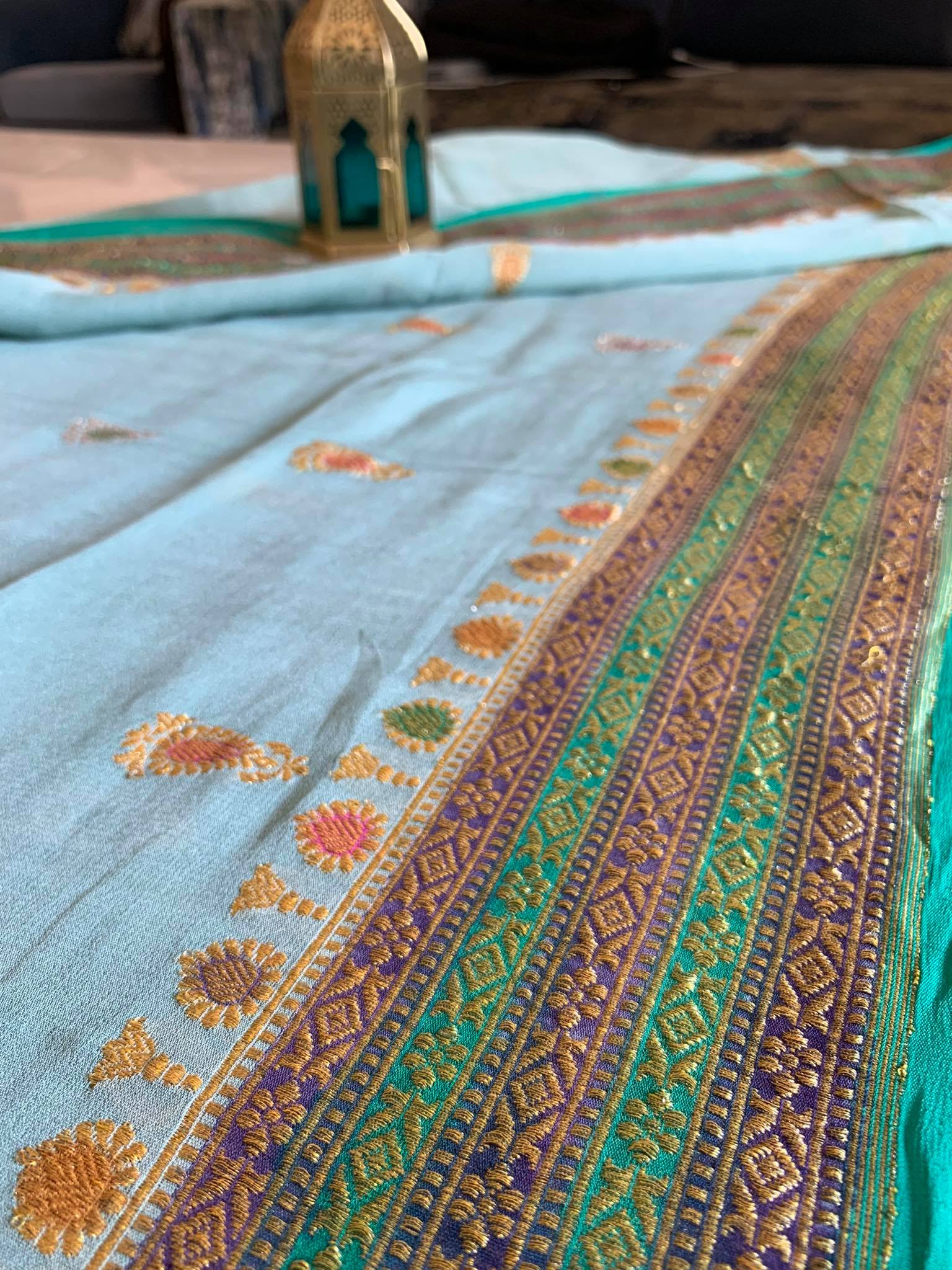 Sky Blue Pure Chiffon Handloom Banarasi Saree
