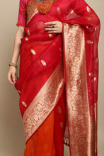 Load image into Gallery viewer, Watermelon Red and burnt orange Pure Organza Silk khadwa Handwoven Banarasi Saree
