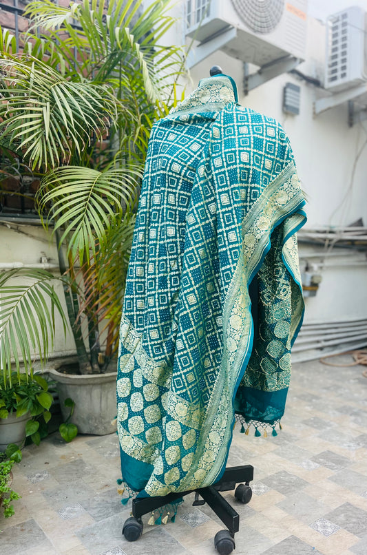 Rama Green Pure Khaddi Georgette Banarasi Bandhej Handwoven Dupatta