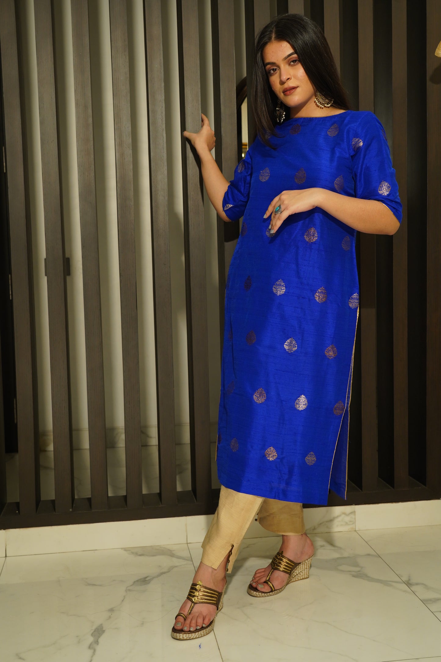 Royal Blue Pure Raw Silk handwoven stitched kurta