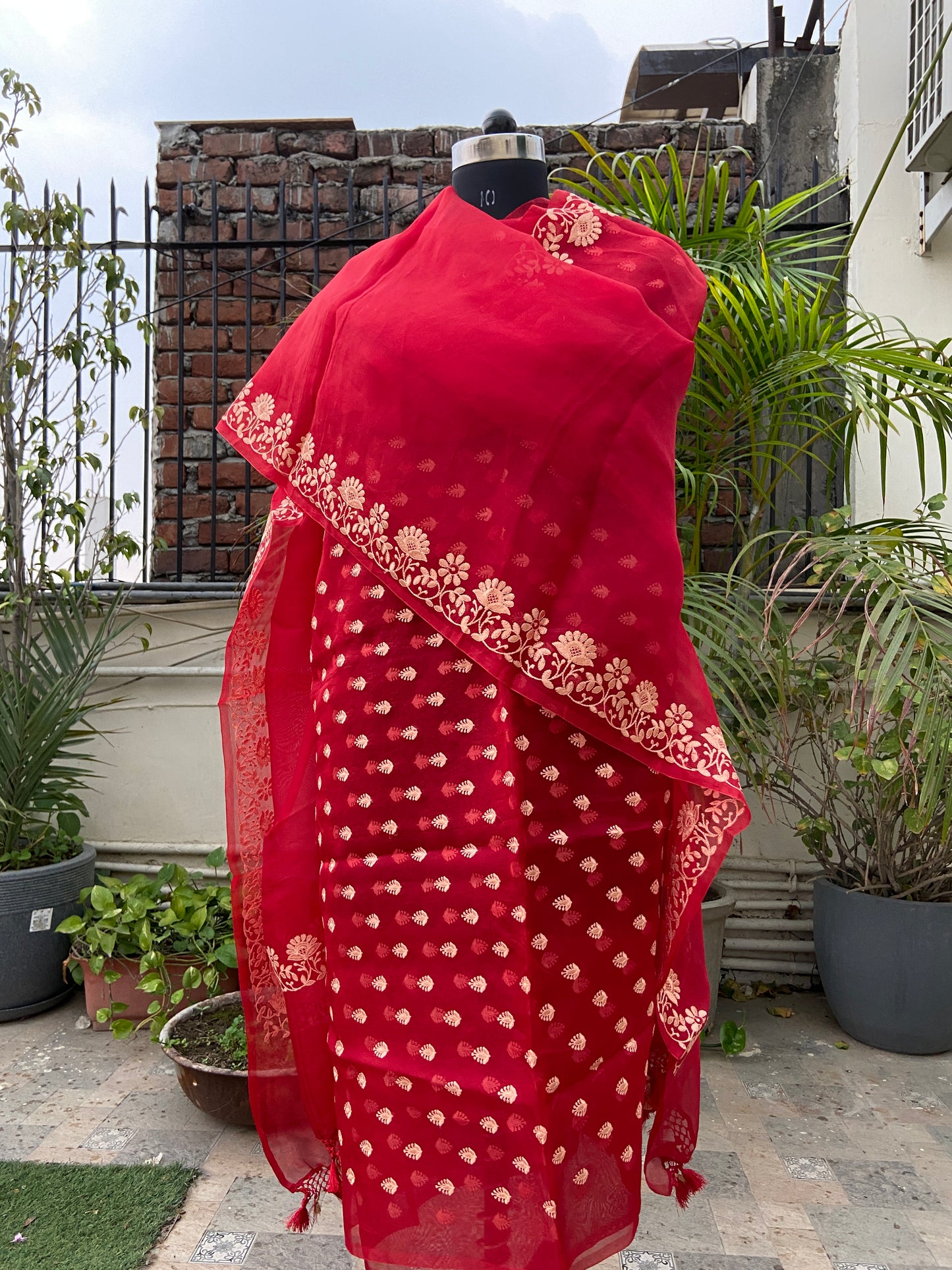 Red Pure Organza Handwoven Banarasi Suit