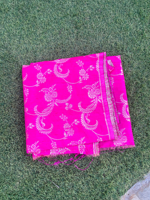 Pink Pure Tussar Silk Handwoven Banarasi Jaal design Fabric with Dull Gold Zari
