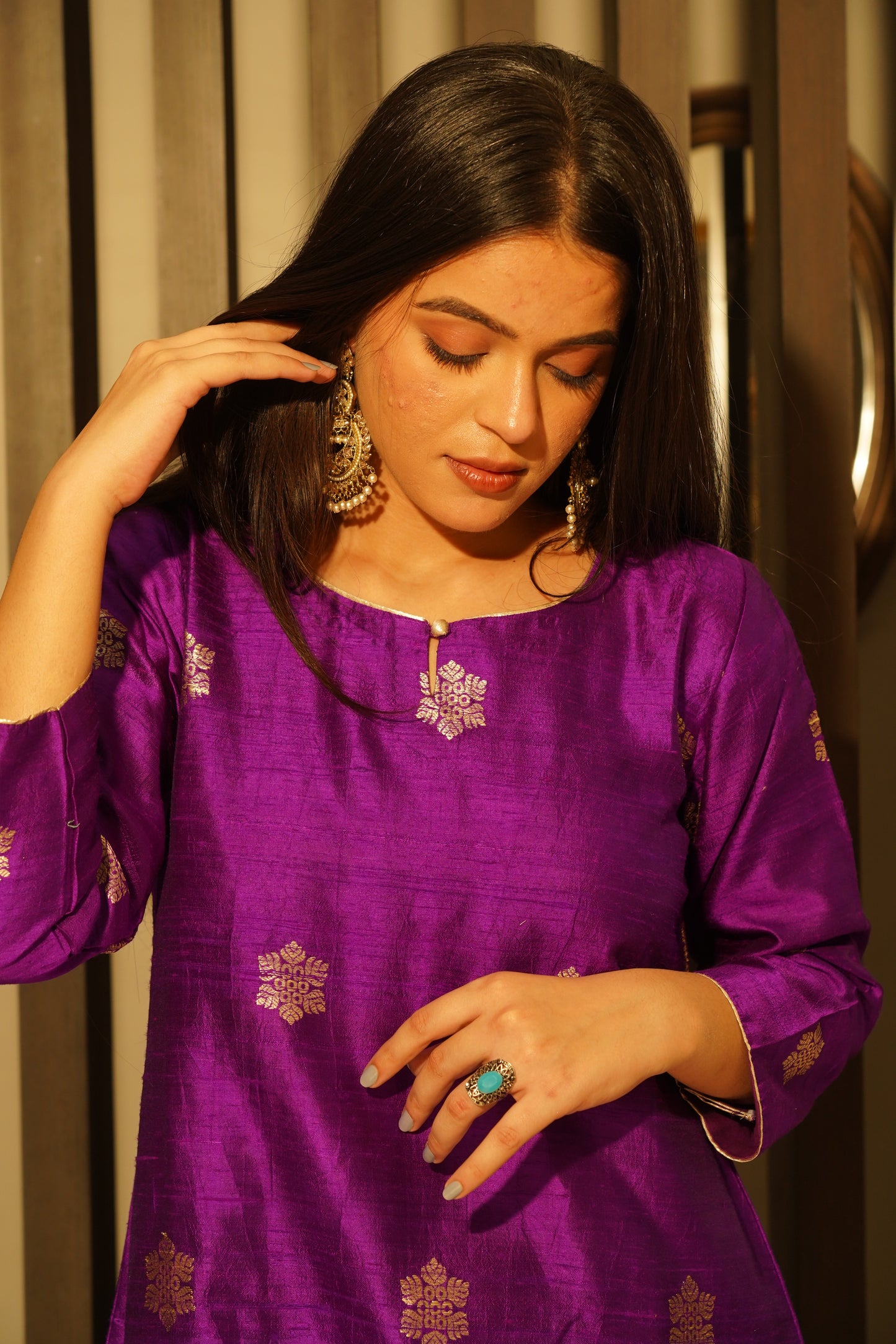 Purple khadwa boota Pure Raw Silk Handwoven Banarasi Stitched Kurta with silver Zari