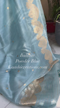 Load and play video in Gallery viewer, Powder Blue Pure Kora Silk Handwoven Banarasi Saree

