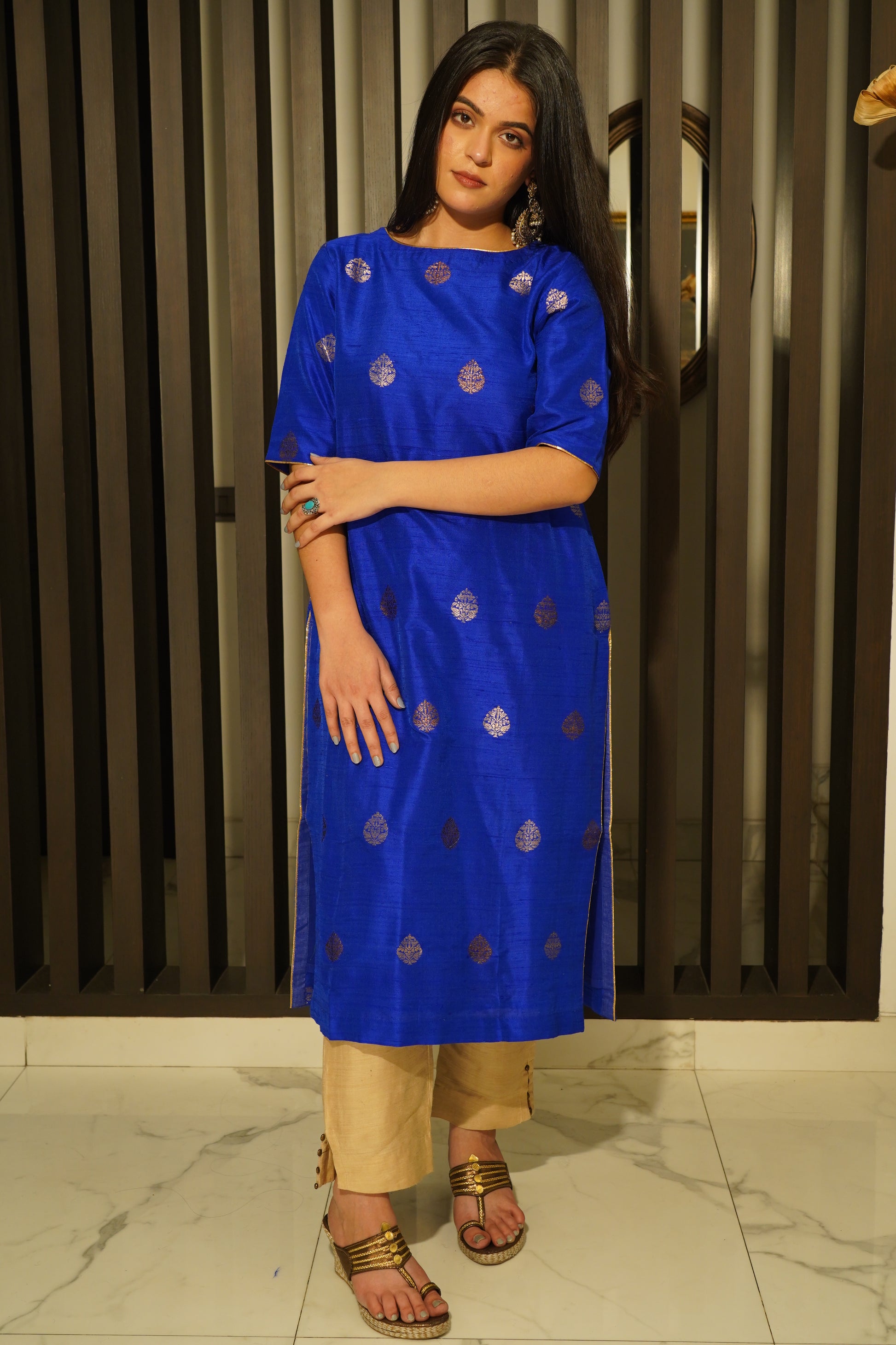 Royal Blue Pure Raw Silk handwoven stitched kurta