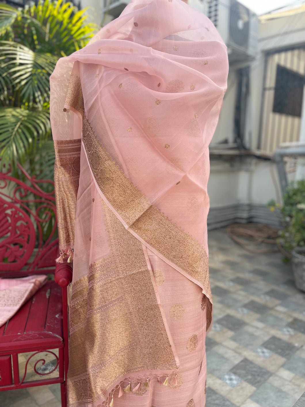 Onion Pink Pure Tussar Silk Khadwa Boota Handloom Suit with Pure Kora Silk Khadwa Dupatta