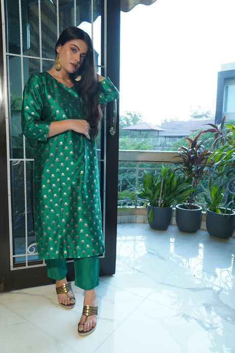 Teal Green Pure Tussar Silk Handwoven Fully Stitched Banarasi Kurta and Pant set