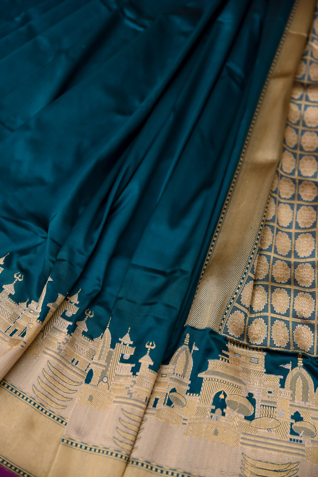 Teal Blue Kaashi Border Katan Silk handwoven saree