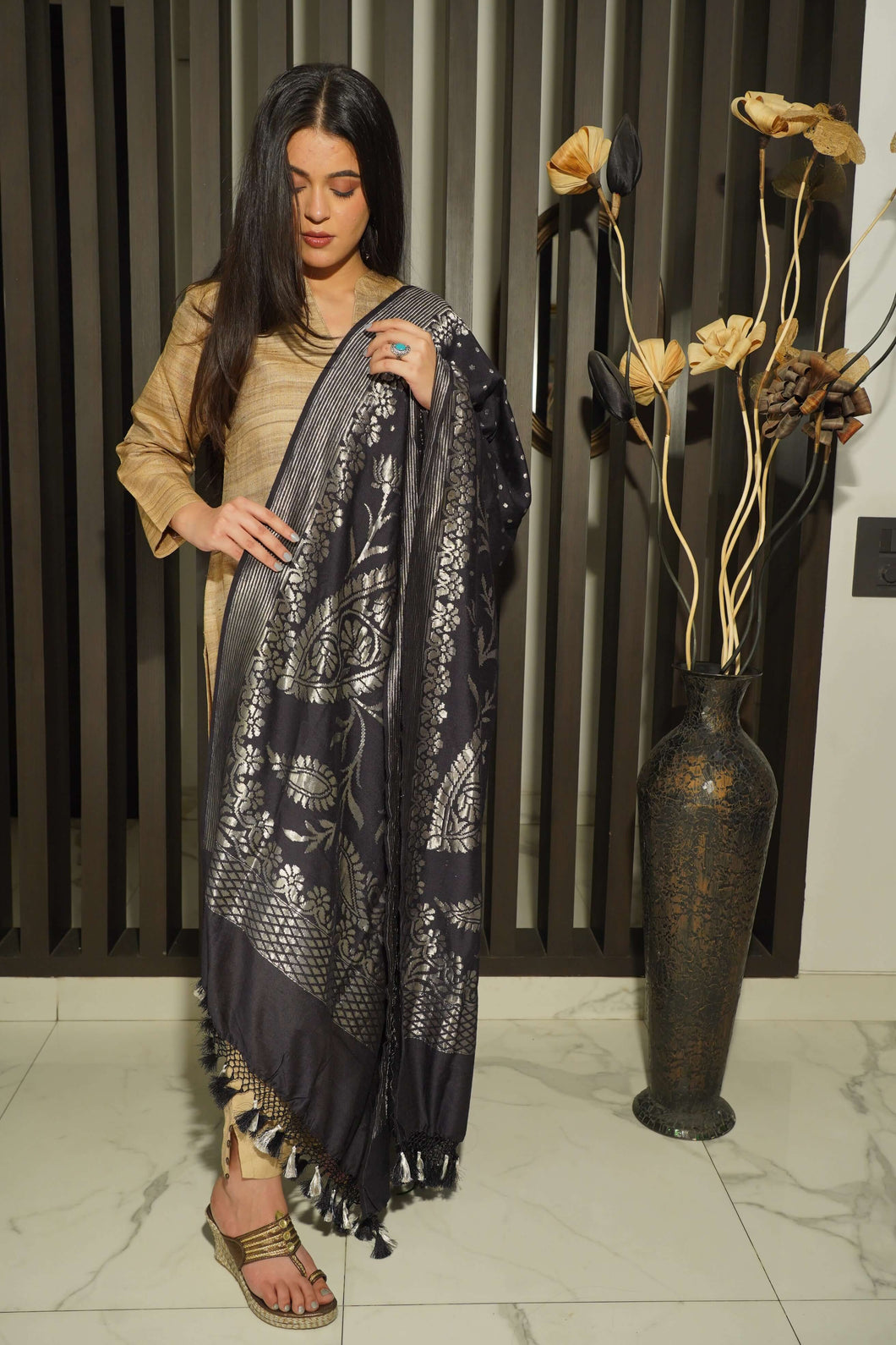 Black Pure Munga Silk Handwoven Banarasi Dupatta with Silver Zari