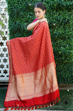 Load image into Gallery viewer, Red Pure Chiniya Silk Jaal Handwoven Banarasi Saree in Gold Zari
