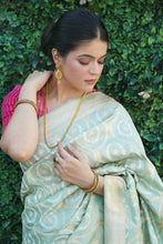 Load image into Gallery viewer, Sage Green Pure Katan Silk Khadwa Jaal Handwoven Banarasi Saree
