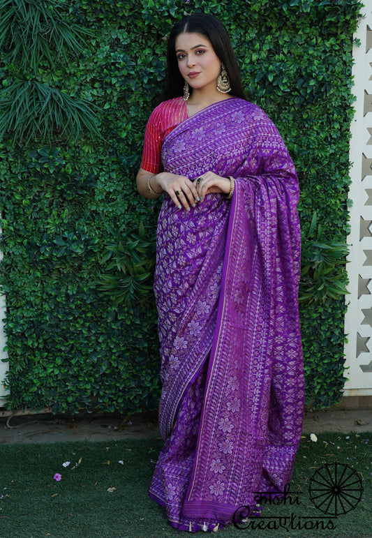 Purple Ektara Pure Katan Silk Handwoven Banarasi Saree with Meenakari