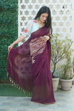Load image into Gallery viewer, Wine Colour Pure Munga Silk Handwoven Banarasi Saree in dull Golden Zari
