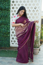 Load image into Gallery viewer, Wine Colour Pure Munga Silk Handwoven Banarasi Saree in dull Golden Zari

