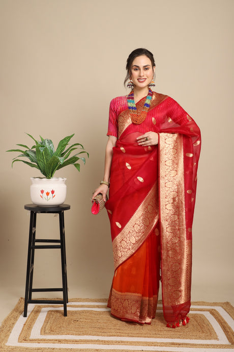 Watermelon Red and burnt orange Pure Organza Silk khadwa Handwoven Banarasi Saree