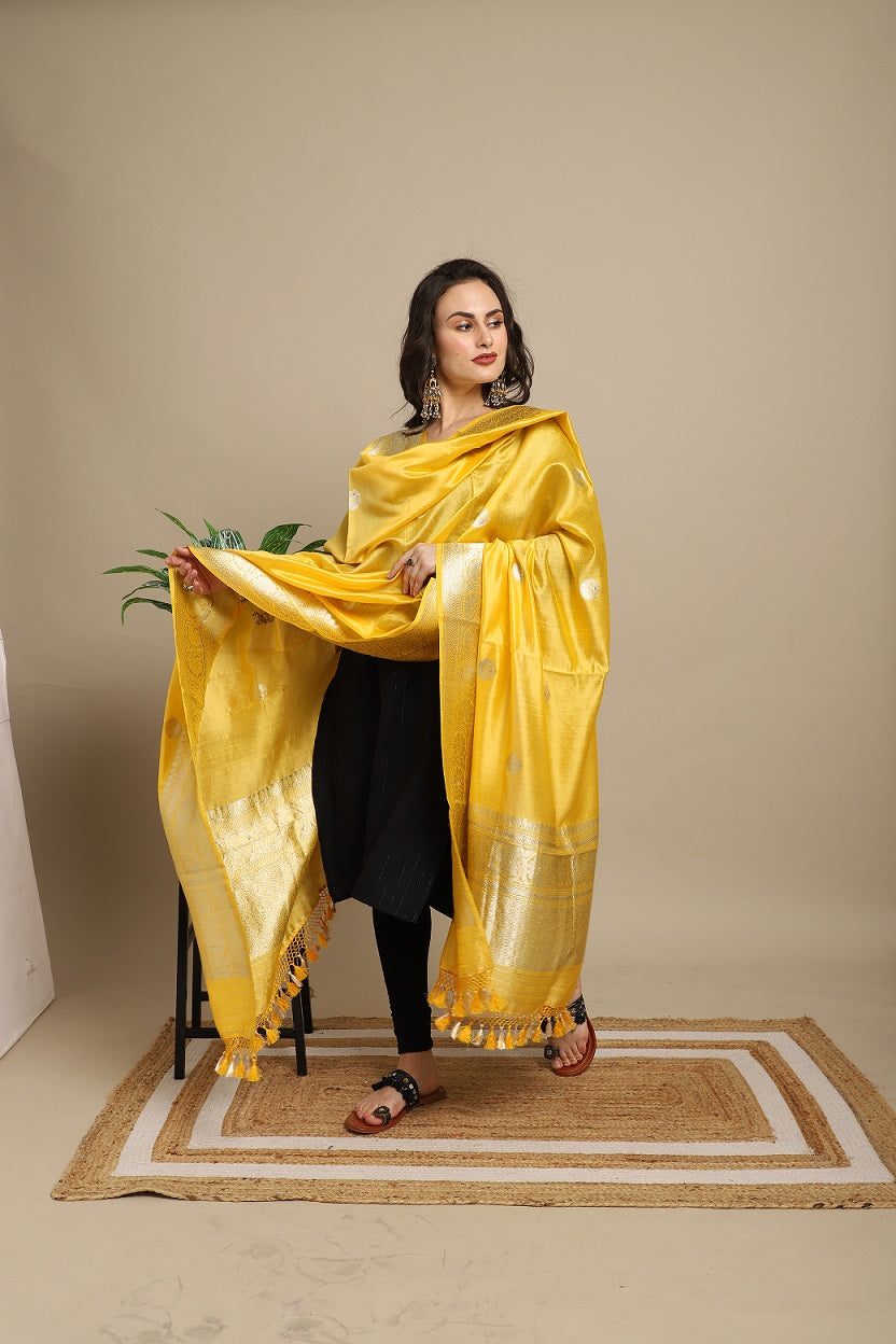 Yellow Chandbali Pure Katan Silk Handoom Banarasi Dupatta