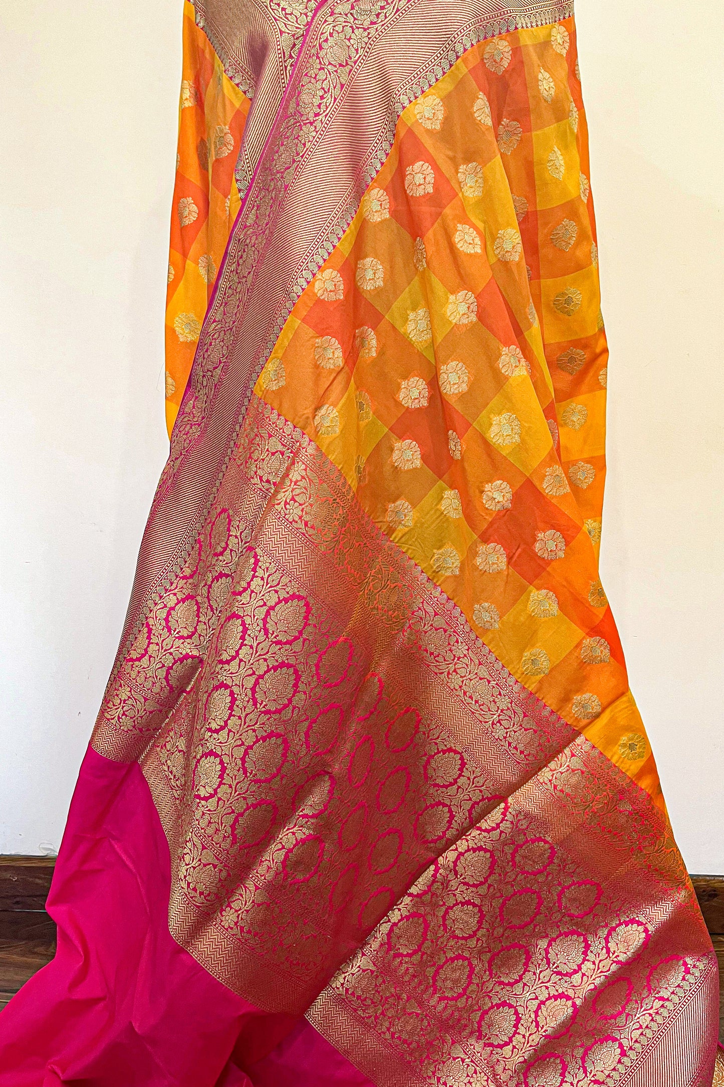 Orange and Yellow Checks Pure Silk handloom Banarasi Saree