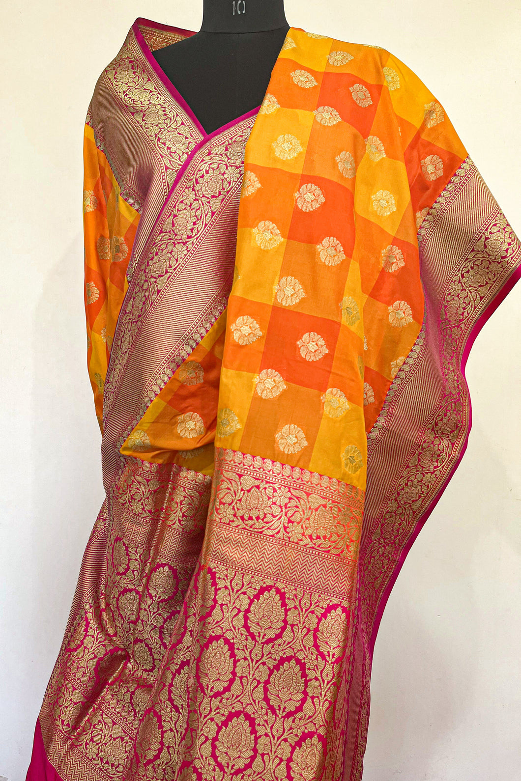 Orange and Yellow Checks Pure Silk handloom Banarasi Saree