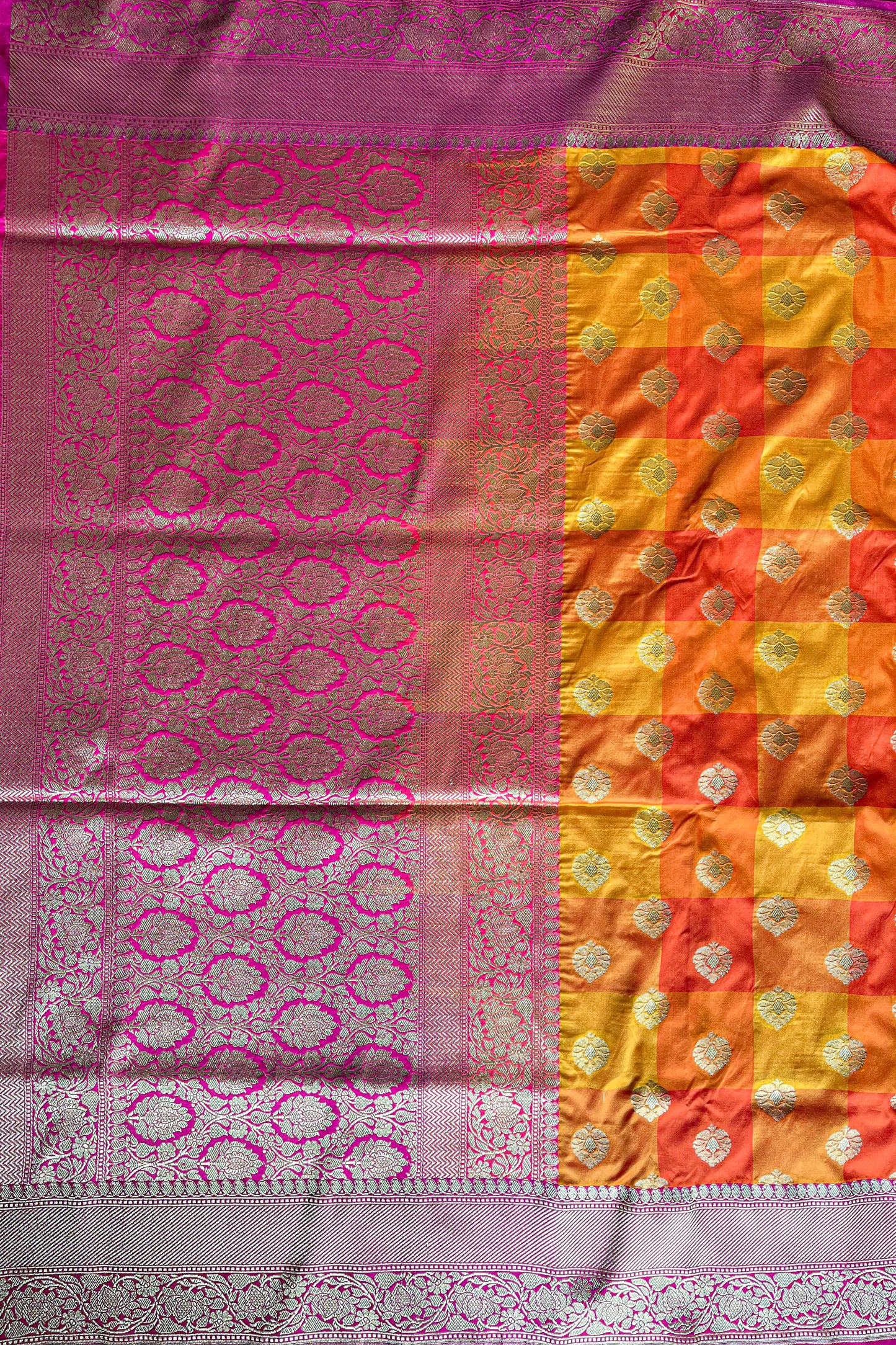 Orange and Yellow Checks Pure Silk handloom Banarasi Saree