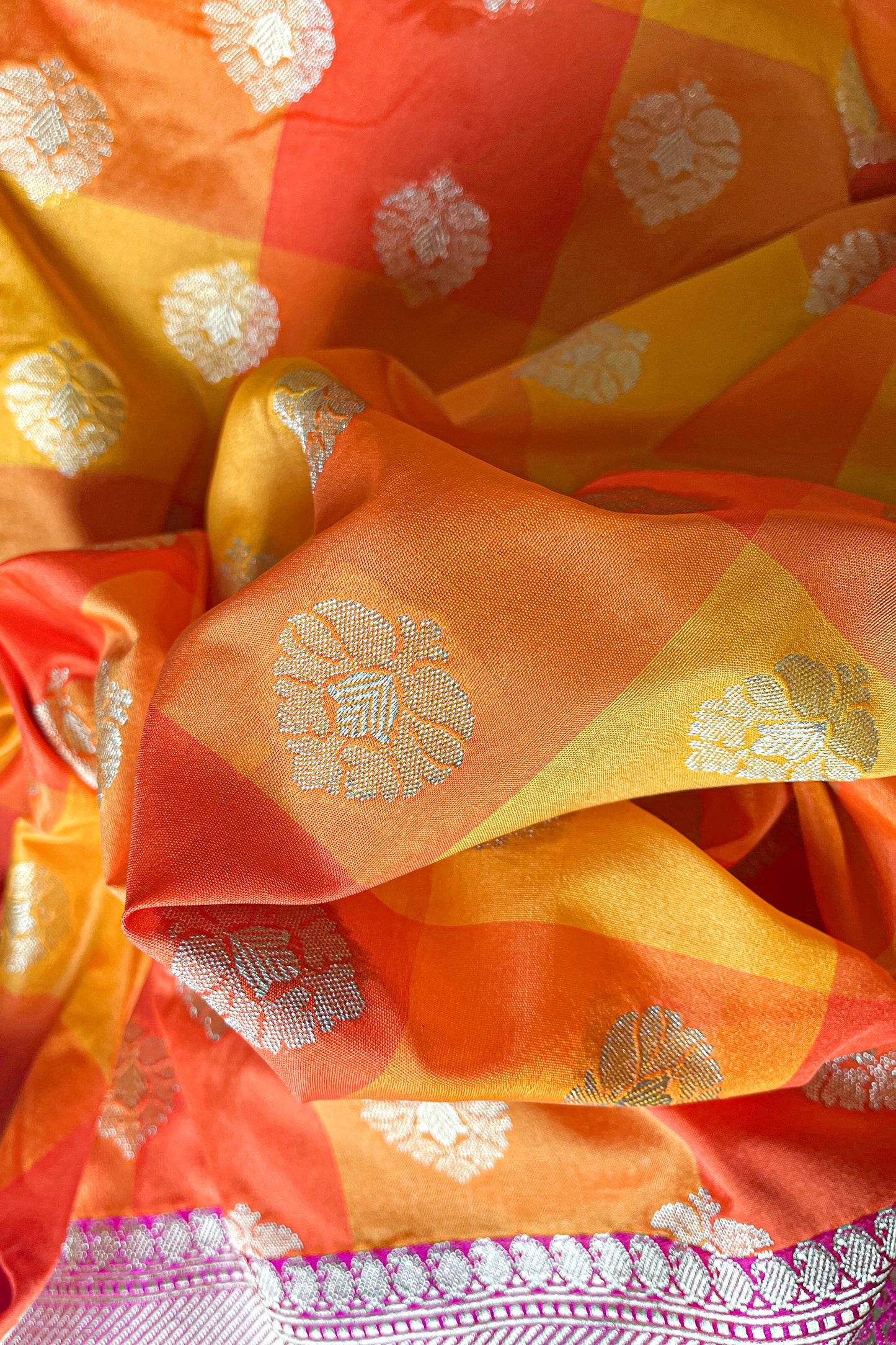 Orange and Yellow Checks Pure Silk handloom Banarasi Saree