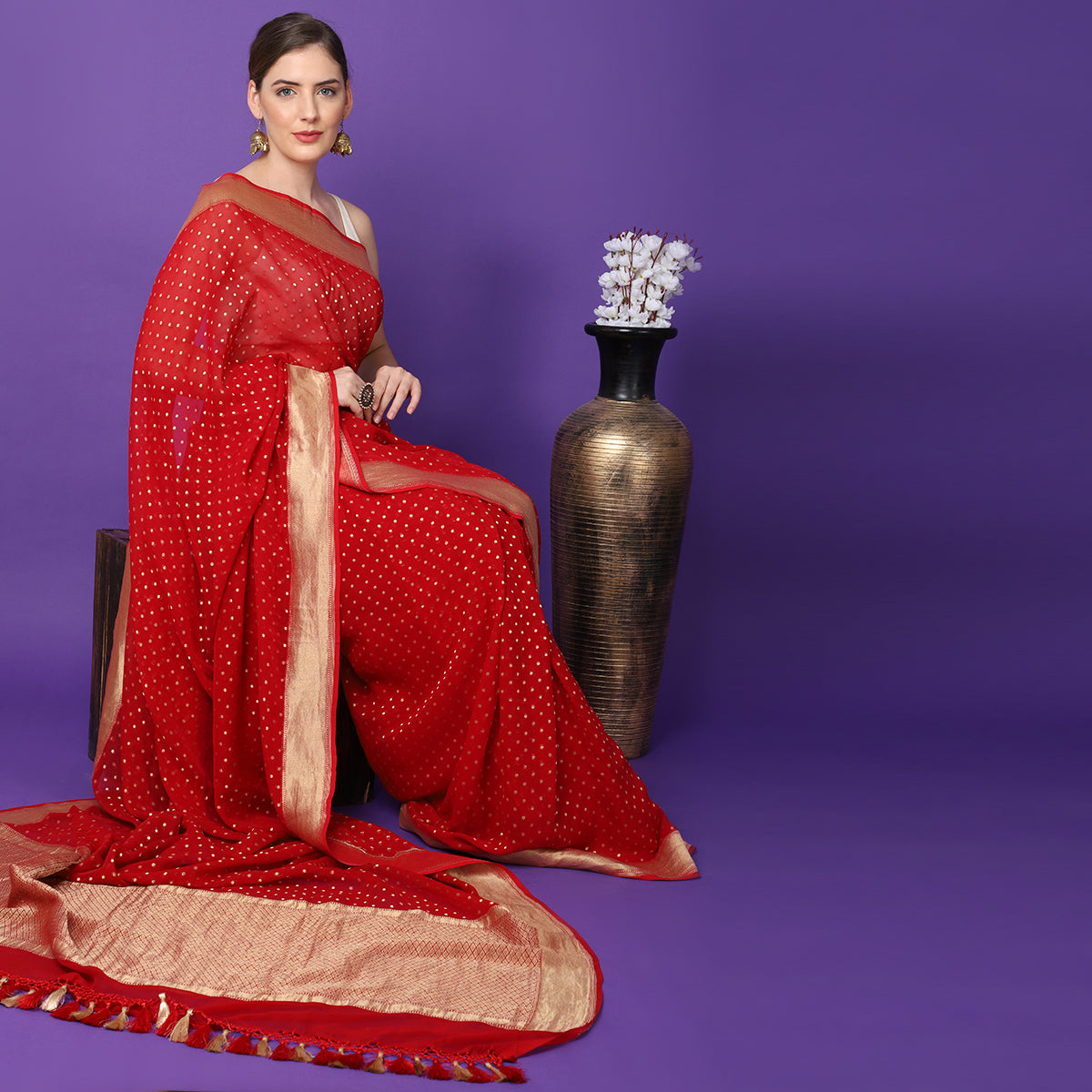 Red Pure Khaddi Georgette Booti Border Handwoven Banarasi Saree