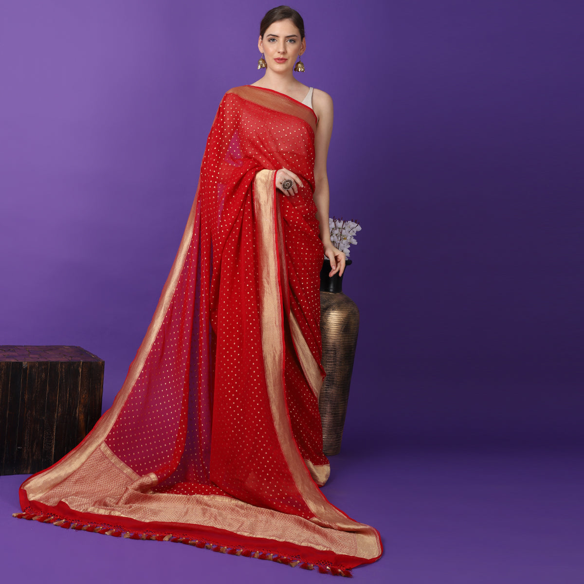 Red Pure Khaddi Georgette Booti Border Handwoven Banarasi Saree