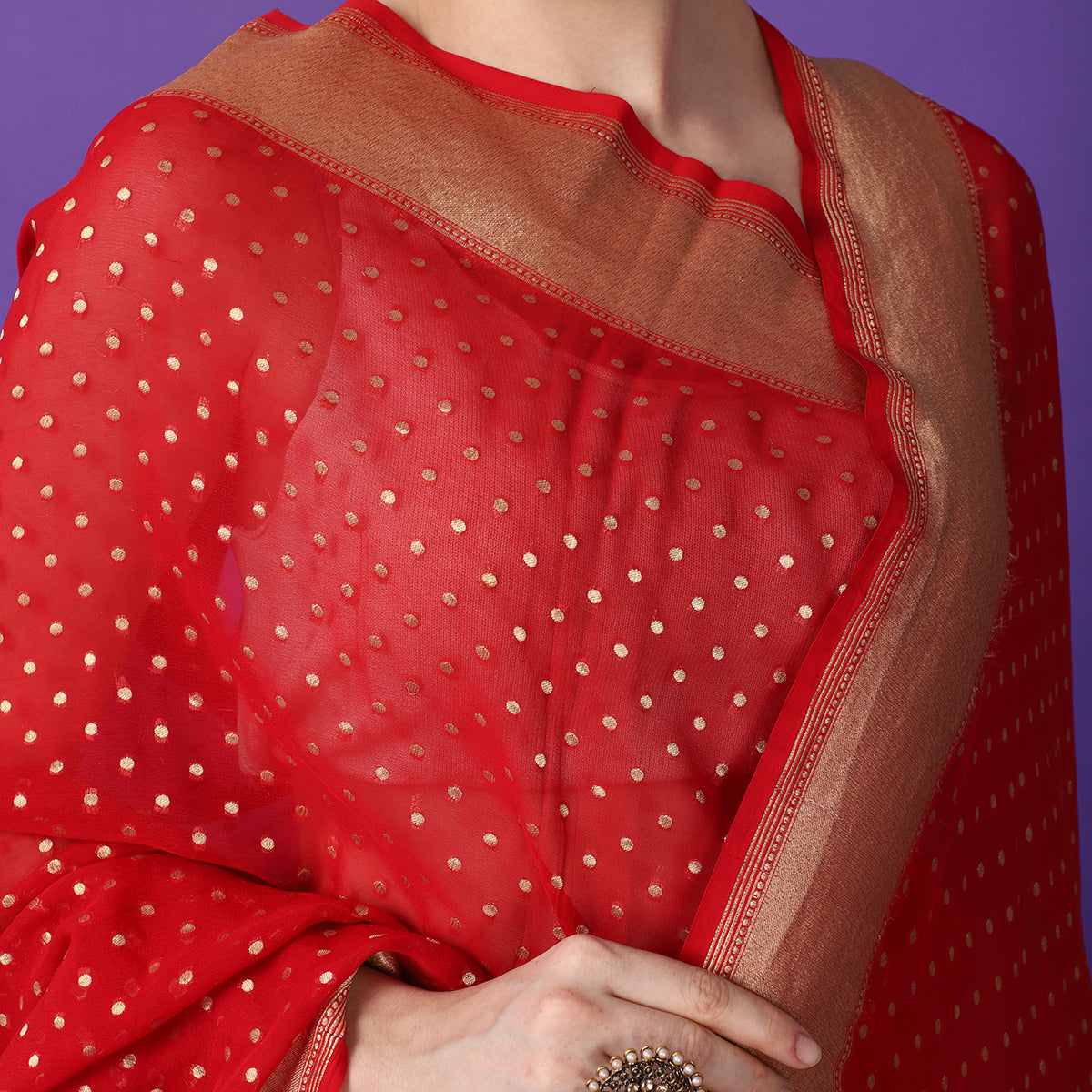 Red Pure Khaddi Georgette Booti Border Handwoven Banarasi Saree