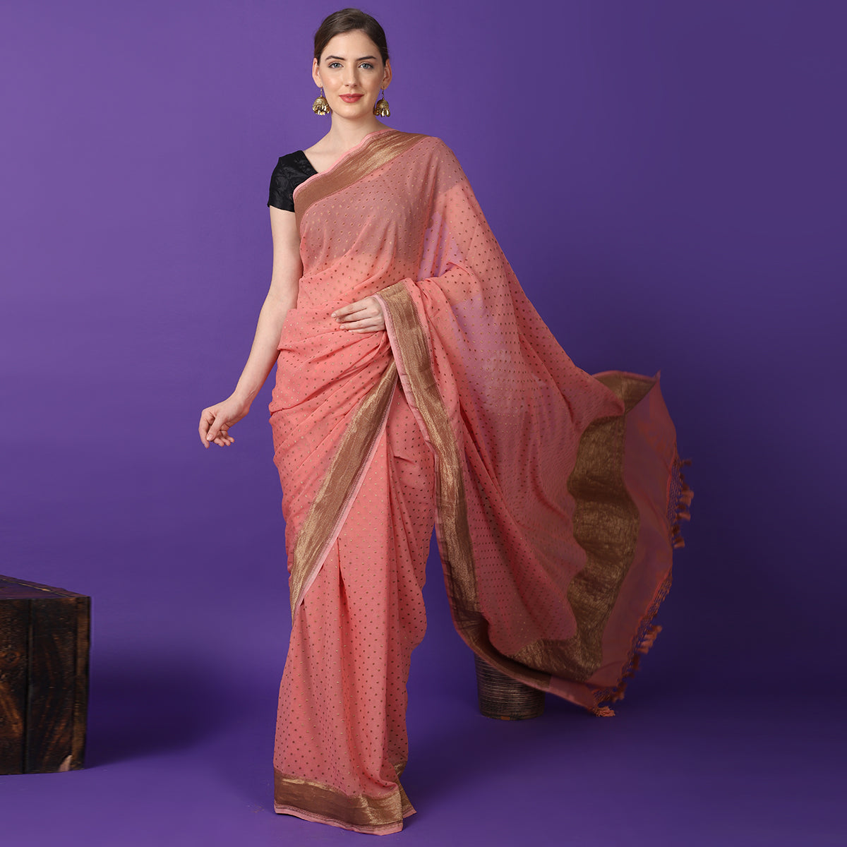 Coral Pink Pure Khaddi Georgette Border Buti Handwoven Banarasi Saree