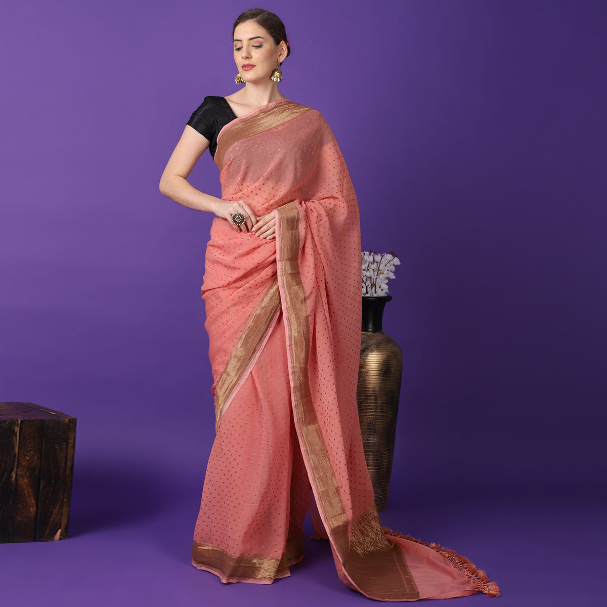 Coral Pink Pure Khaddi Georgette Border Buti Handwoven Banarasi Saree