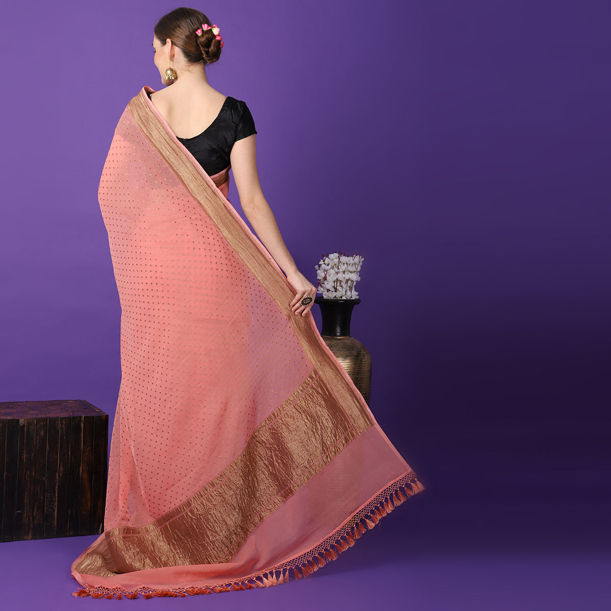 Coral Pink Pure Khaddi Georgette Border Buti Handwoven Banarasi Saree