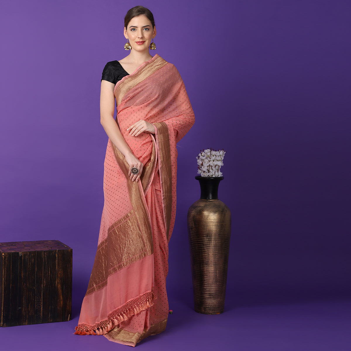 Coral Pink Pure Khaddi Georgette Border Buti Handwoven Banarasi Saree