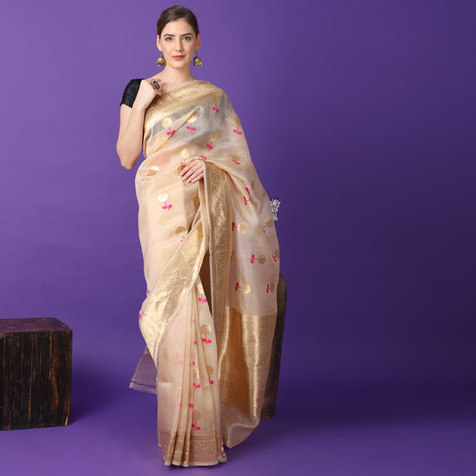 Golden Beige Pure Kora Silk handwoven Banarasi saree