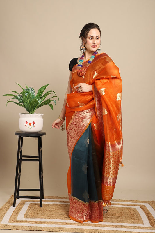 Rust and Teal Blue Pure Organza (Kora) Silk Khadwa Boota Border Handwoven Banarasi Saree