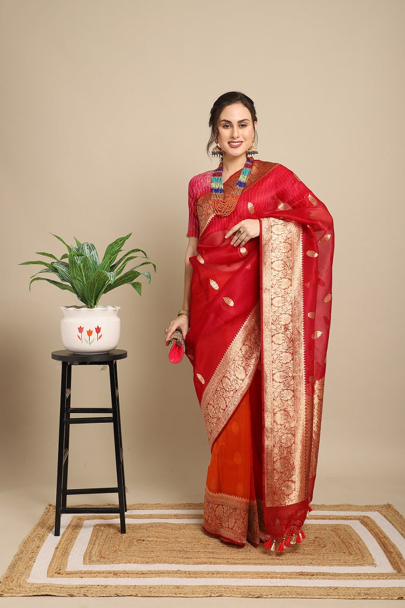 Red and Rust Organza (Kora) Silk Khadwa Boota Border Handwoven Banarasi Saree