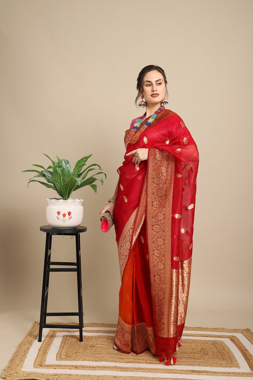 Red and Rust Organza (Kora) Silk Khadwa Boota Border Handwoven Banarasi Saree