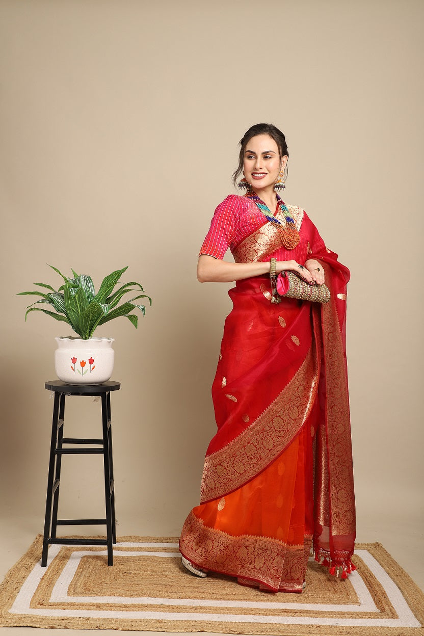 Red and Rust Organza (Kora) Silk Khadwa Boota Border Handwoven Banarasi Saree