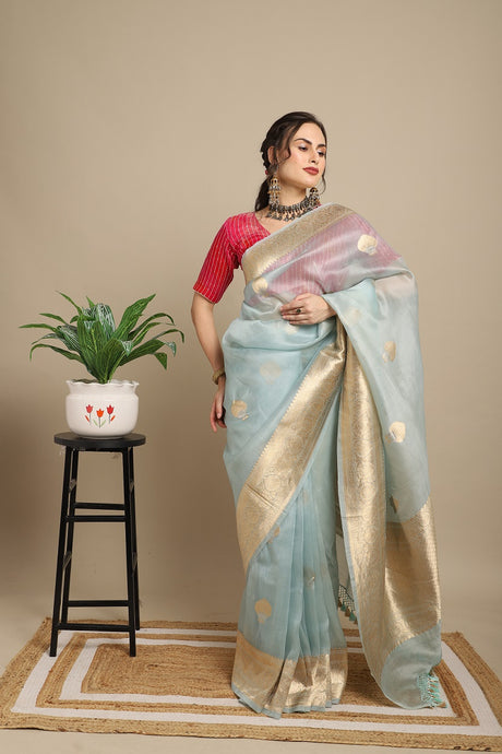 Sky Blue Pure Organza (Kora) Silk Khadwa Handwoven Banarasi Saree