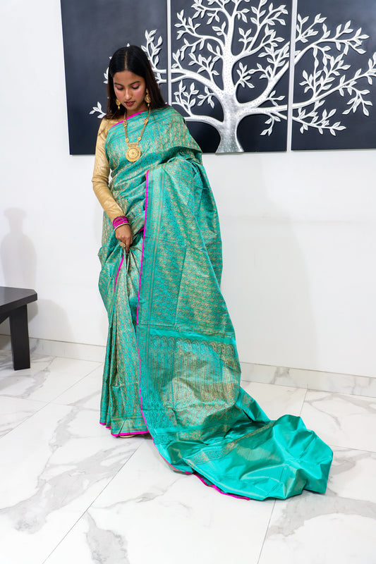 Sea Green Tanchoi Jamawar Handloom Pure Silk Banarasi Saree