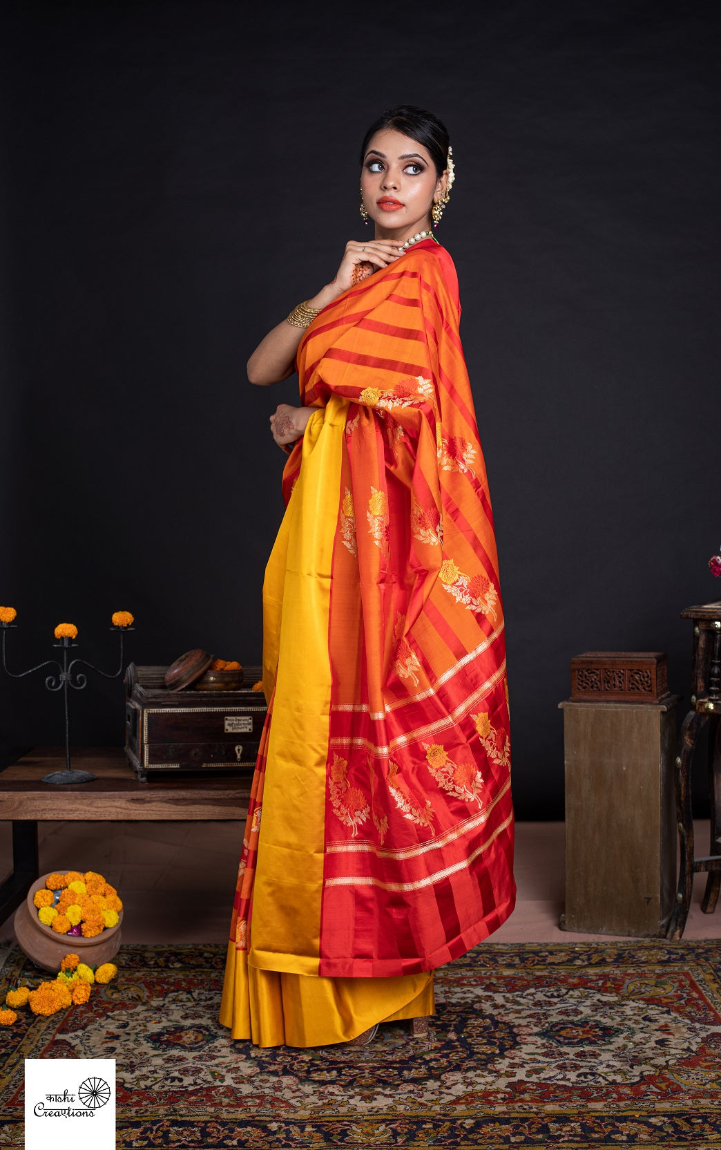 Orange and Yellow Satin Katan Silk Handloom Saree