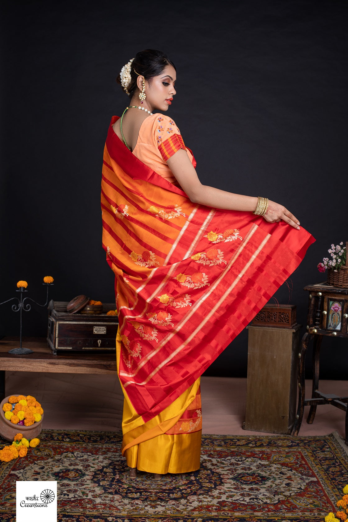 Orange and Yellow Satin Katan Silk Handloom Saree