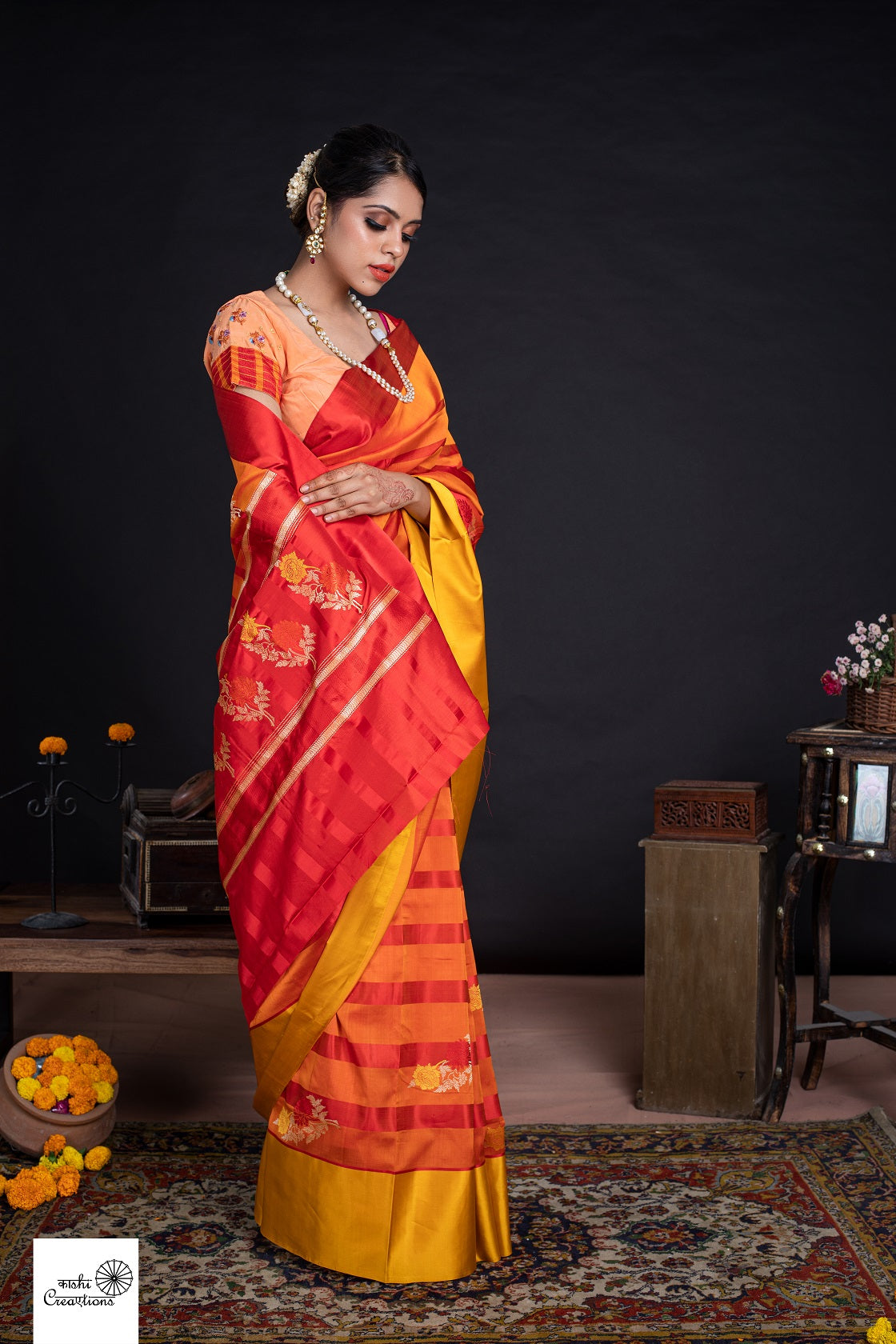 Orange and Yellow Satin Katan Silk Handloom Saree