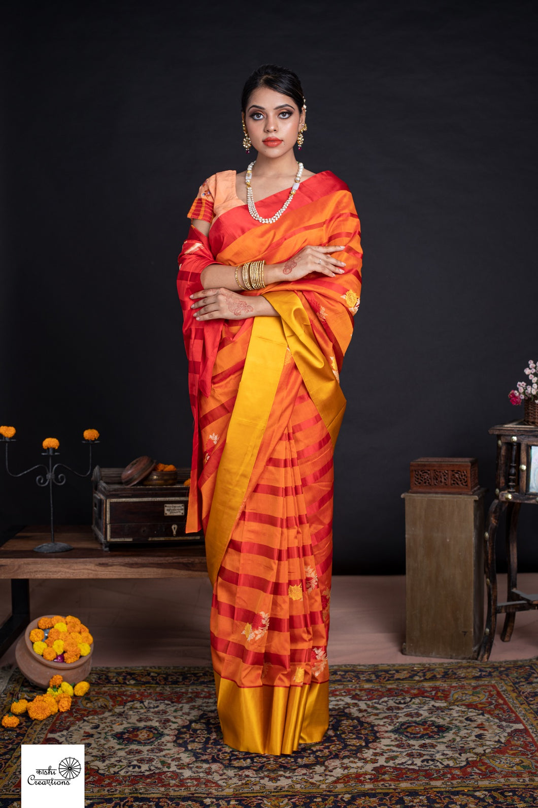 Orange and Yellow Satin Katan Silk Handloom Saree