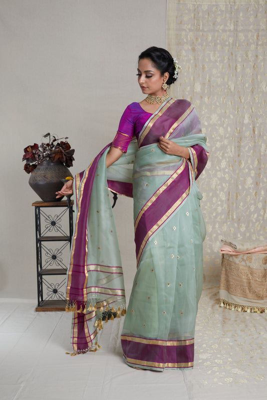 Fern Green and Mulberry Pink Pure Organza Handwoven Khadwa Boota Banarasi Saree