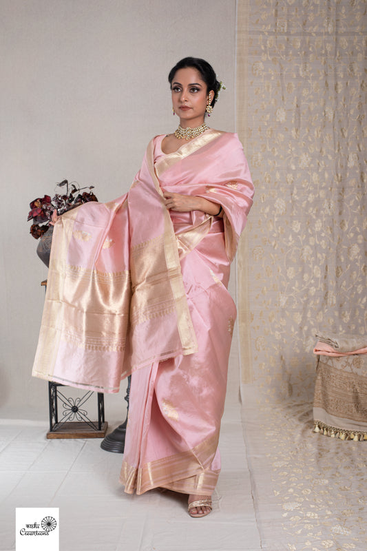 Punch Pink Pure Katan Silk Khadwa Boota Border Handloom Banarasi Saree