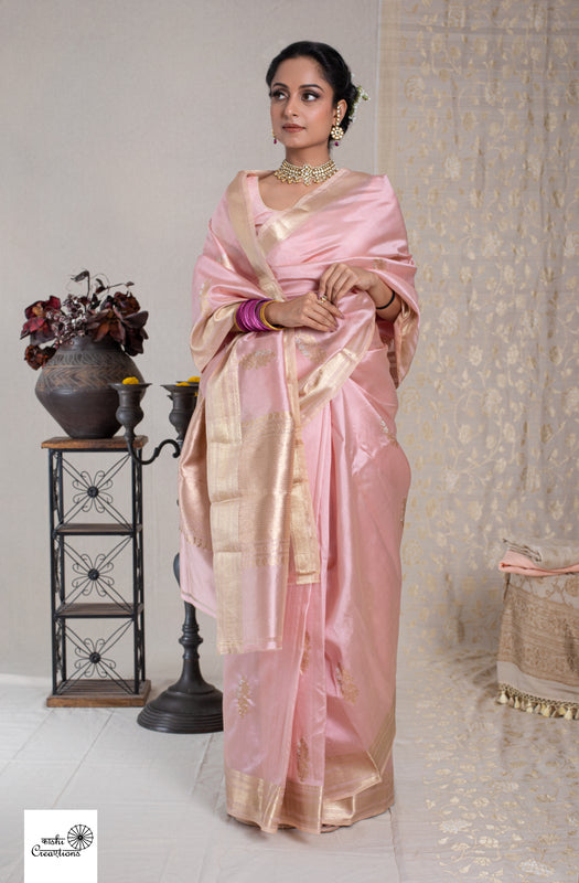 Punch Pink Pure Katan Silk Khadwa Boota Border Handloom Banarasi Saree